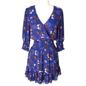 Parker Silk Blue & Red Floral Ruffle A-Line Mini Dress- XS